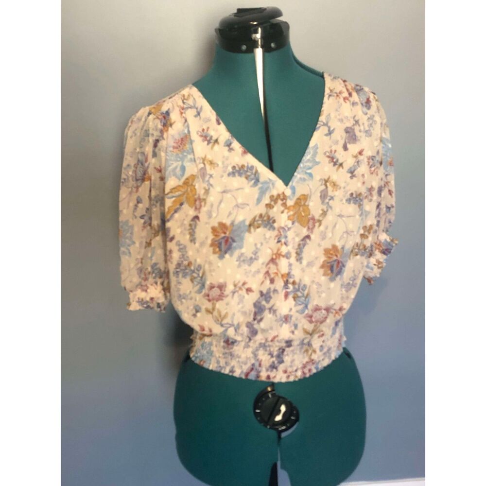Joie Cream Floral Printed Swiss Dot Puff Sleeve Semi-Sheer Crop Top, size S